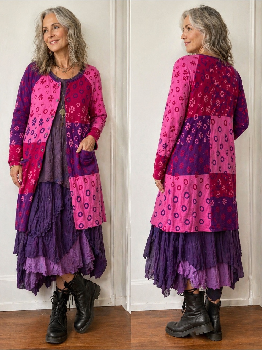 Gudrun Sjoden Cardigan Medium Pink Purple Patchwork Floral
